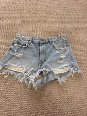 Zara Light Blue High-Waist Distressed Denim Shorts